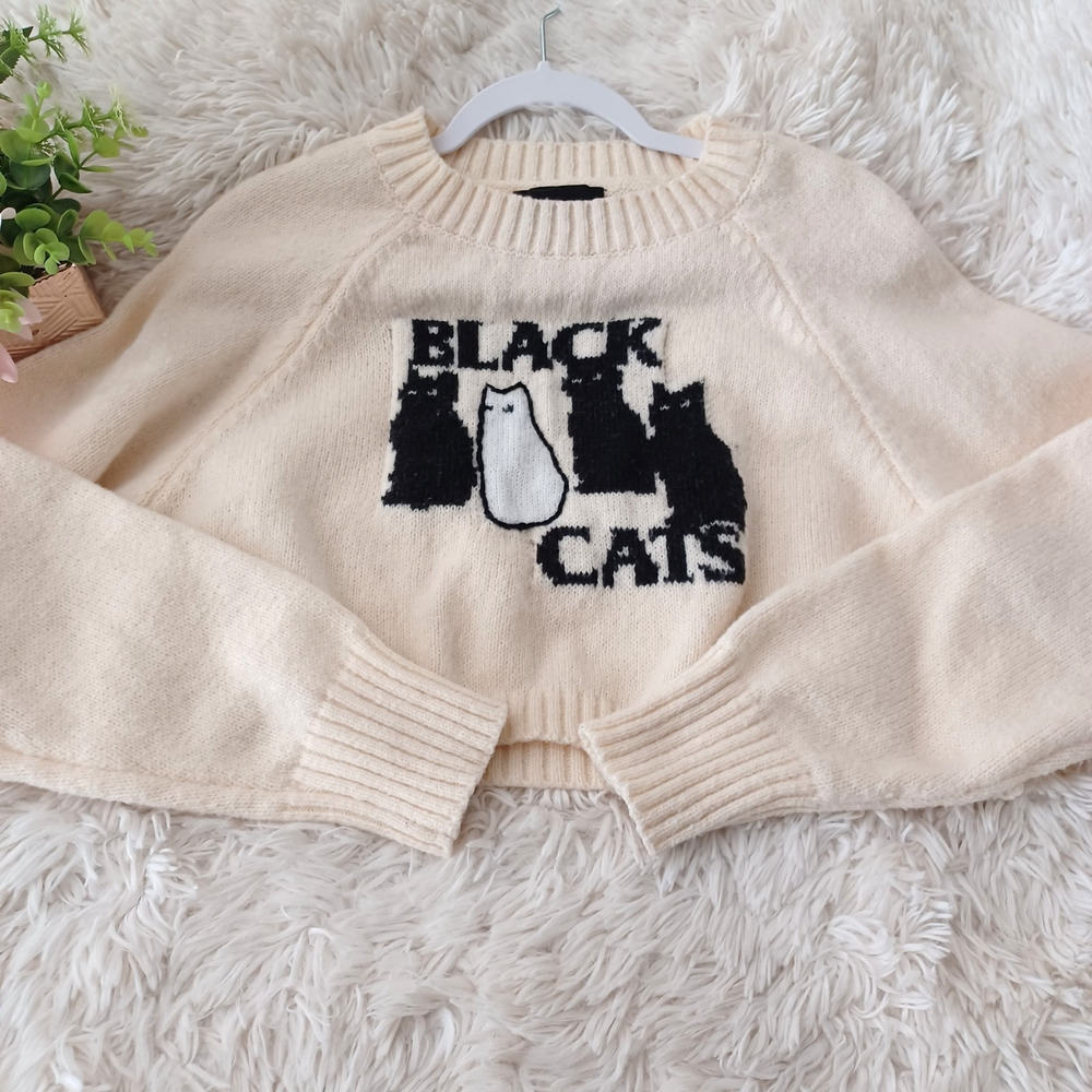 Cider Sweater Black Cats Preppy Cropped Size M Beige - Picture 2 of 7
